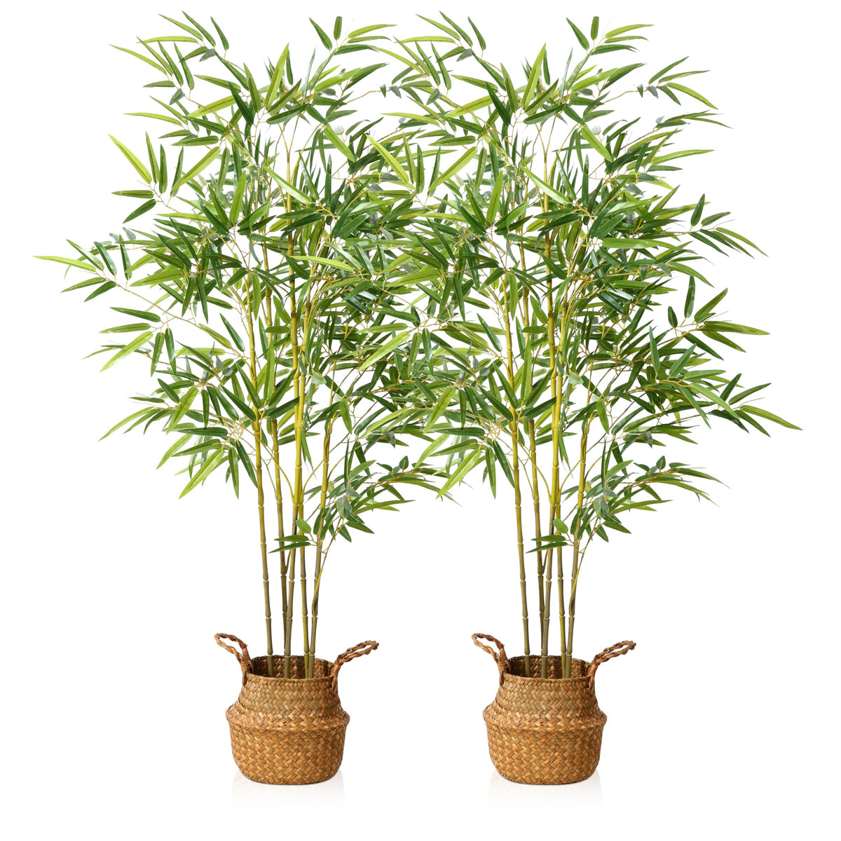 Two tall artificial bamboo plants with vibrant green leaves and yellow-green stalks in woven wicker baskets for indoor outdoor use