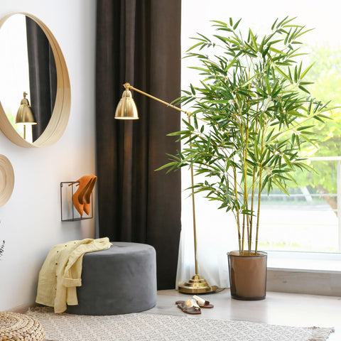Tall kazeila artificial bamboo plant with slender green leaves golden stems in matte brown pot for indoor outdoor use