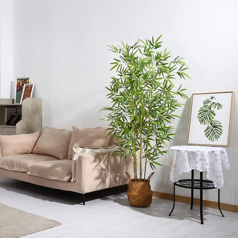 Tall artificial bamboo tree with lush green leaves and yellow stems in a woven wicker basket perfect for indoor use