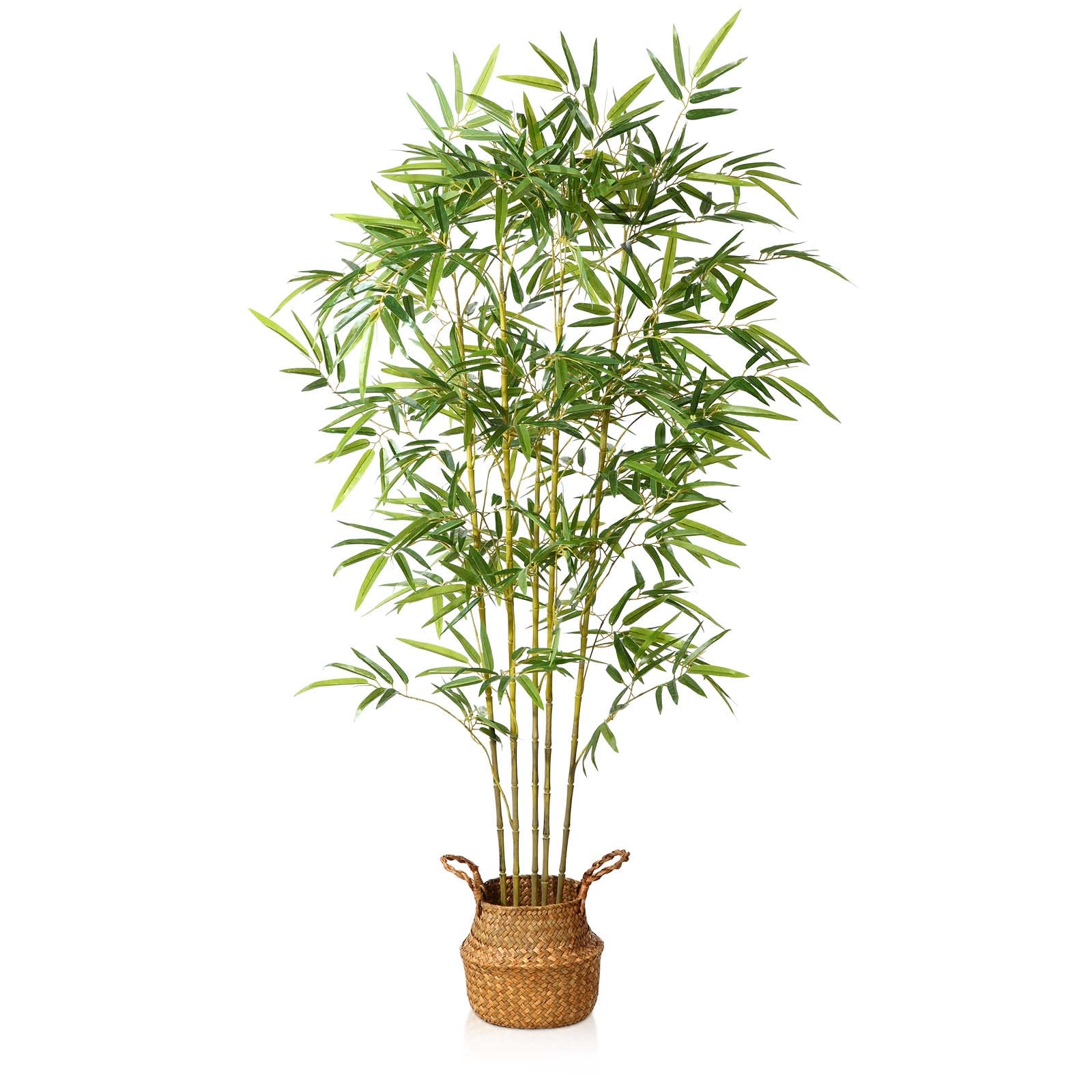 Tall artificial bamboo tree with slender green stalks and lush leaves in a woven wicker basket for indoor use