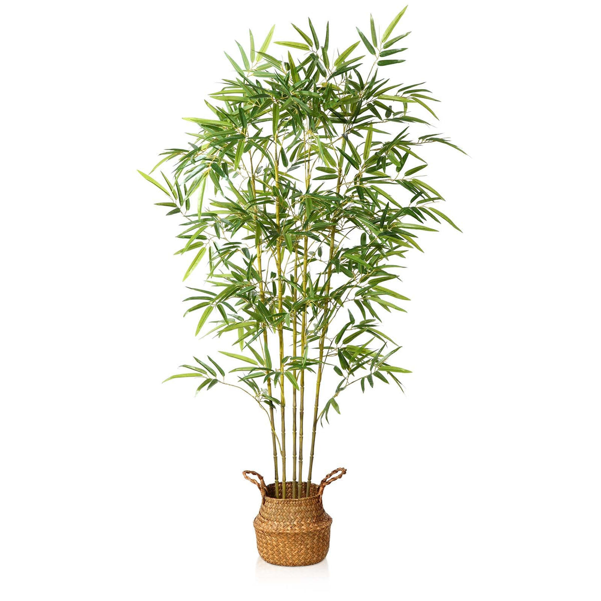 Tall artificial bamboo tree with slender green stalks and lush leaves in a woven wicker basket for indoor use