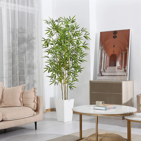 Tall green artificial bamboo tree in a sleek white rectangular pot perfect for indoor or outdoor decor
