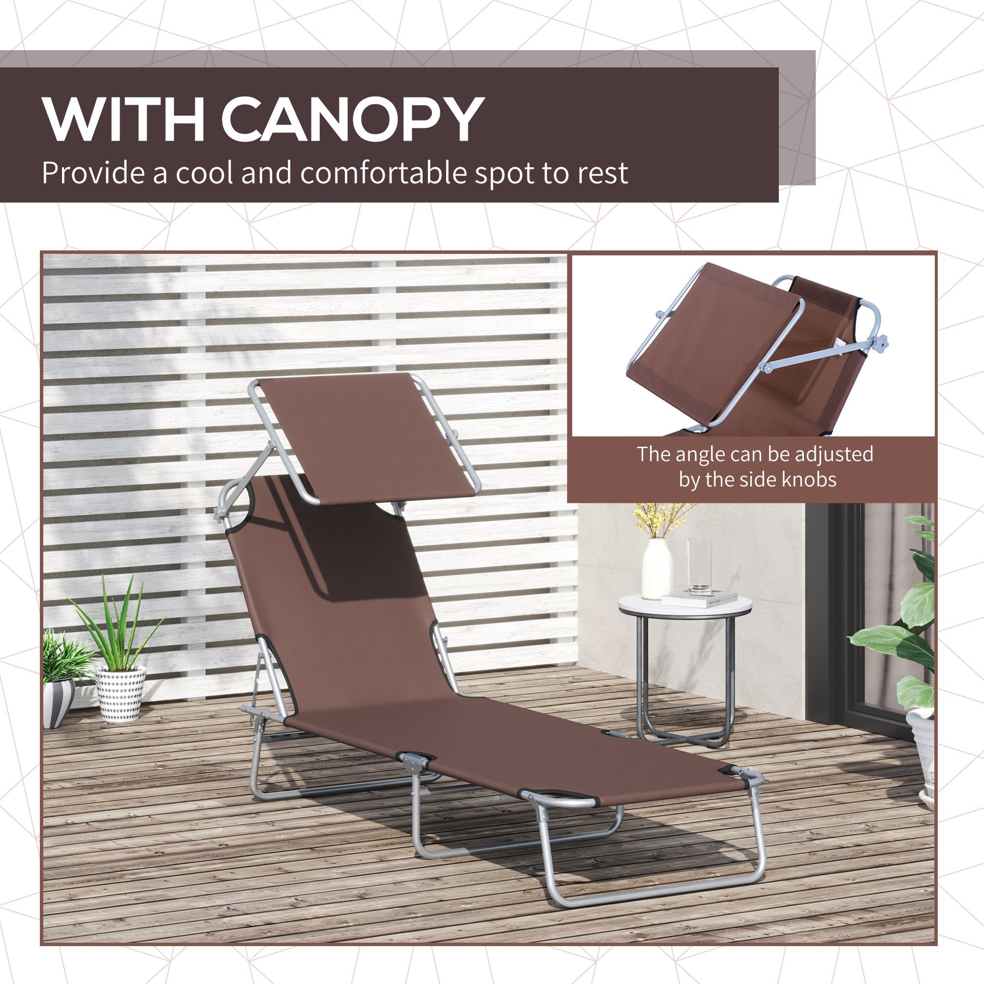 Outsunny Outdoor Foldable Sun Lounger, 4 Level Adjustable Backrest  Reclining Sun Lounger Chair with Angle Adjust Sun Shade Awning for Beach, Garden, Patio, Brown