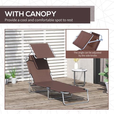 Outsunny Outdoor Foldable Sun Lounger, 4 Level Adjustable Backrest  Reclining Sun Lounger Chair with Angle Adjust Sun Shade Awning for Beach, Garden, Patio, Brown