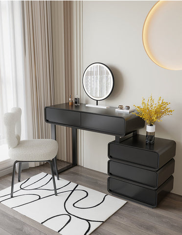 Modern black glossy keene dressing table with integrated drawers and a sleek minimalist design with mirror