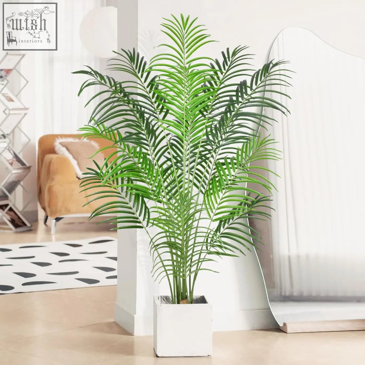 A tall lush green keeplush artificial palm tree with long fronds in a white square pot for indoor home decor