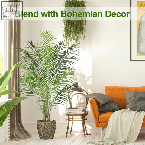 Tall green artificial palm tree in a patterned ceramic pot with real bark design perfect for indoor decor