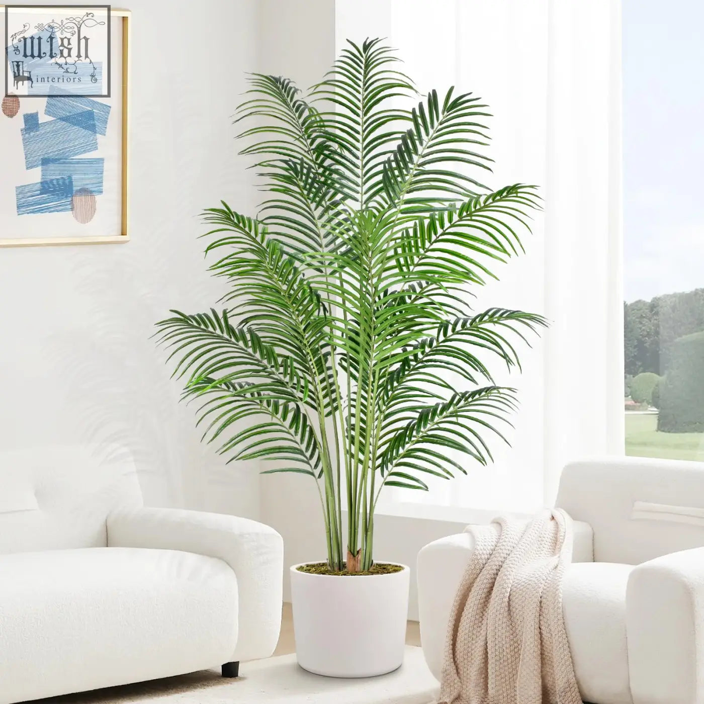 Tall green keeplush 180cm artificial palm tree with real bark design in white ceramic pot for indoor decor