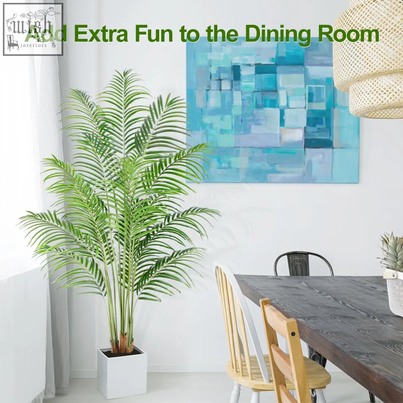 Tall green artificial palm tree in a white square pot with real bark design perfect for indoor home decor