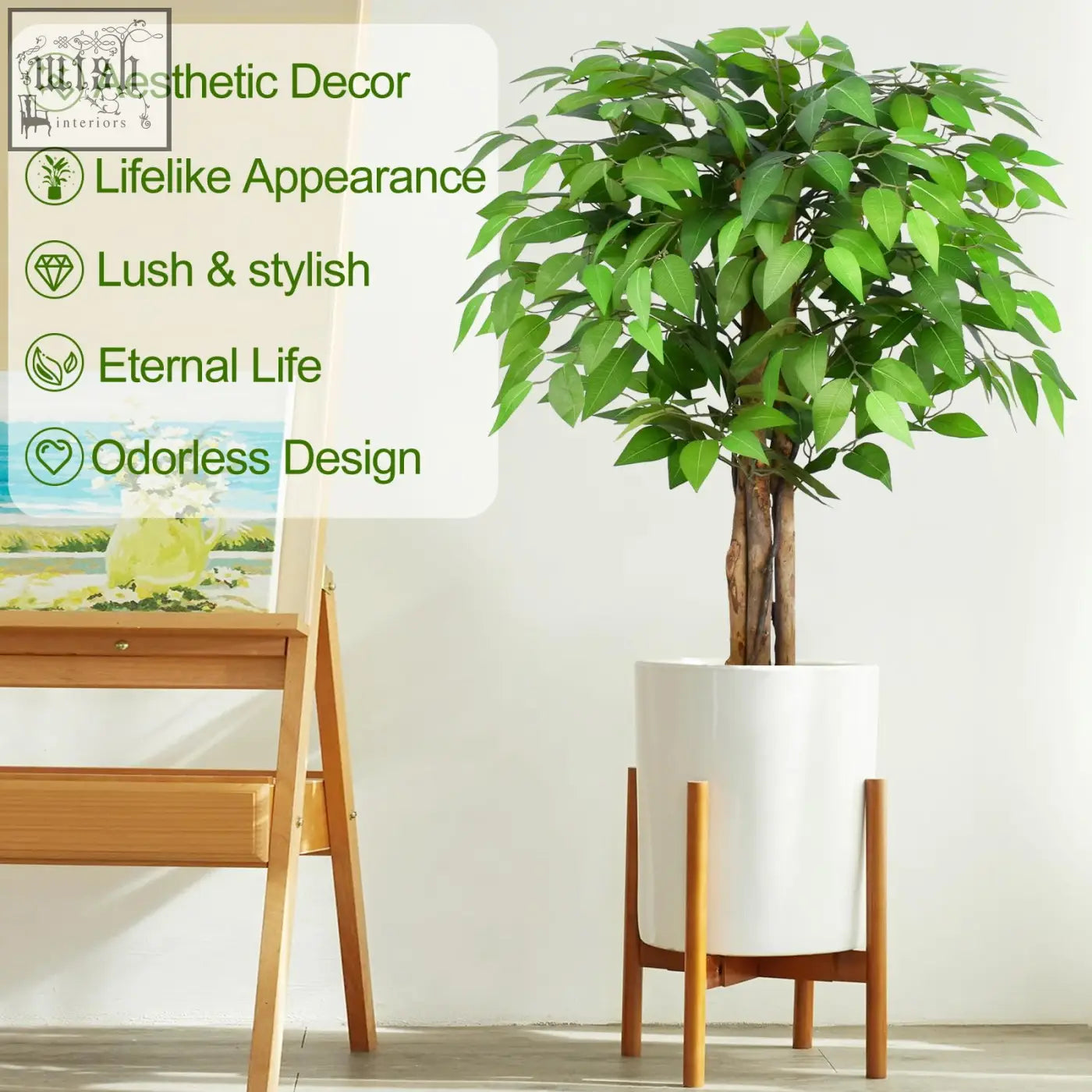 Lush green keeplush 3ft artificial ficus tree with natural curved trunks in white ceramic pot and wooden stand for decor