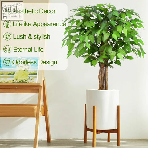 Lush green keeplush 3ft artificial ficus tree with natural curved trunks in white ceramic pot and wooden stand for decor