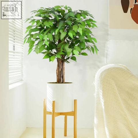 Keeplush 3ft artificial ficus tree with natural curved trunk in white ceramic pot on wooden stand for indoor decor