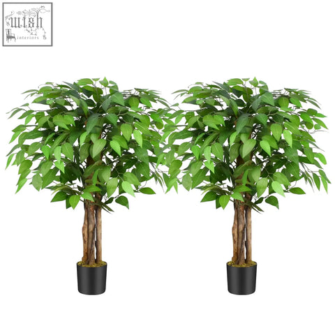 Two 3ft keeplush artificial ficus trees with lush green leaves and natural curved trunks in black pots for indoor decor