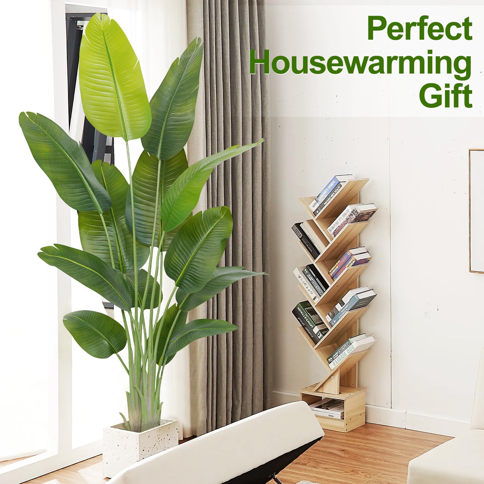 Tall vibrant green artificial bird of paradise plant in white speckled planter perfect fake banana tree for indoor use