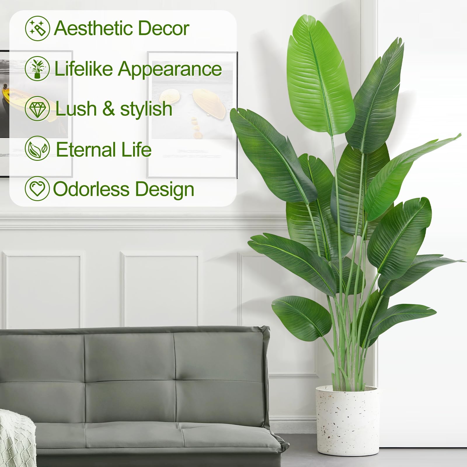 Tall lush green artificial bird of paradise plant banana tree with 13 leaves in speckled white ceramic pot for indoor use