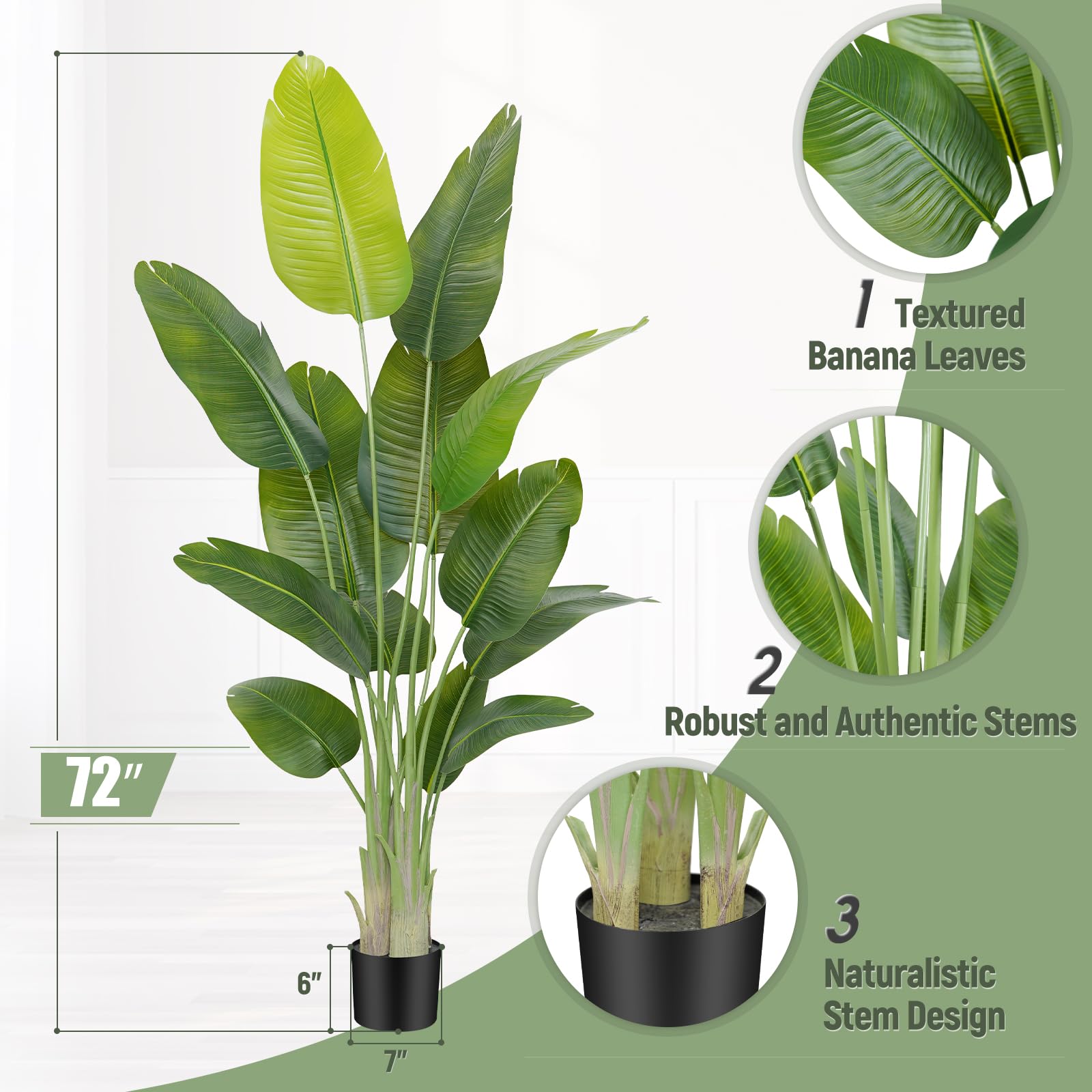 Keeplush artificial bird of paradise plant 72 inch tall banana tree with lush green leaves in black pot perfect for indoor use