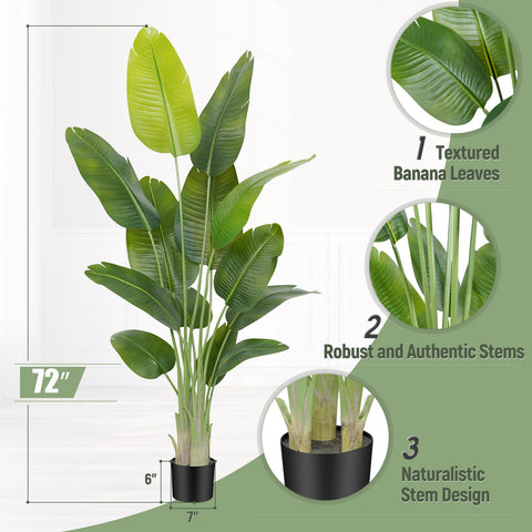 Keeplush artificial bird of paradise plant 72 inch tall banana tree with lush green leaves in black pot perfect for indoor use
