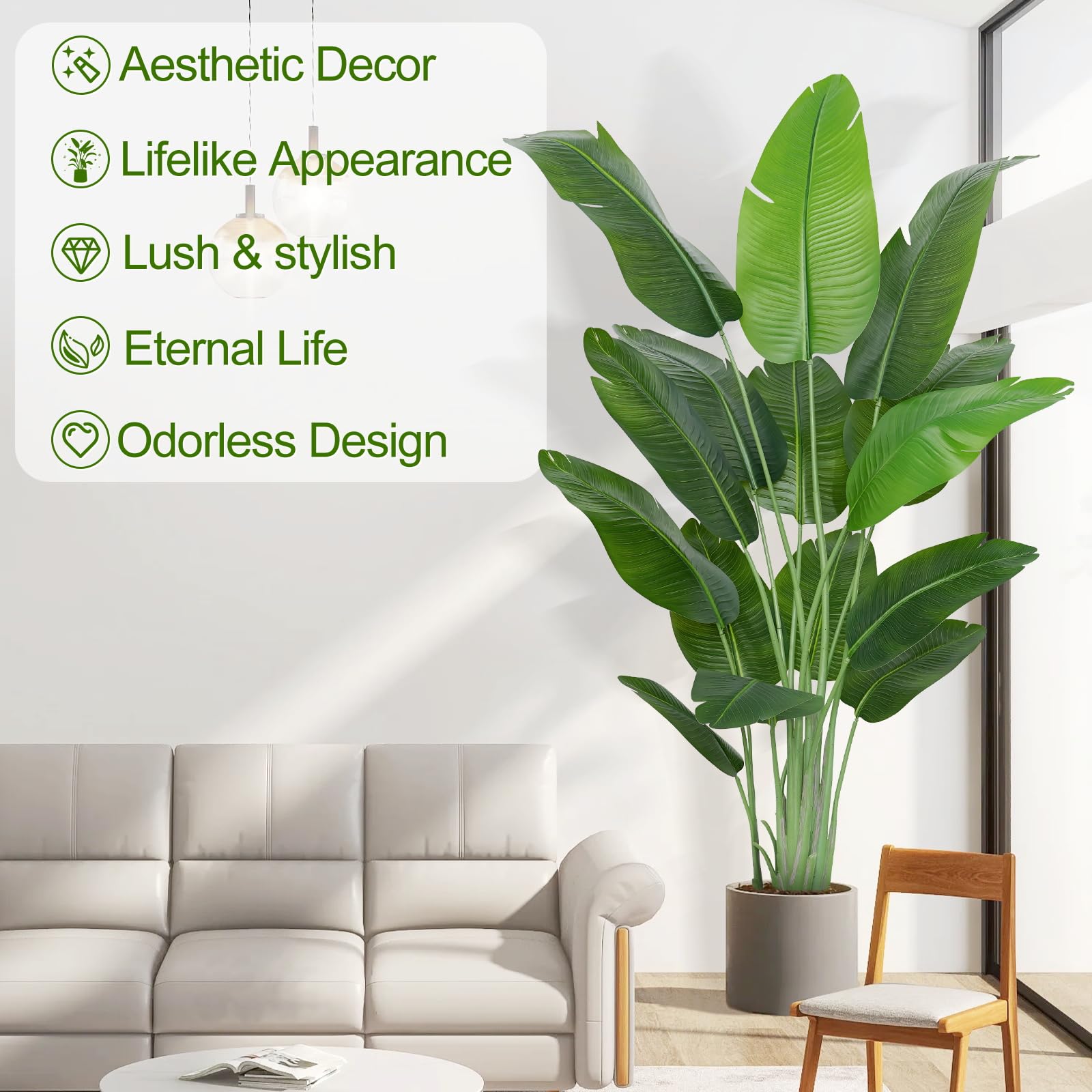 Lush green artificial bird of paradise banana tree with 15 leaves in a sleek gray pot perfect for indoor use