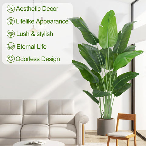 Lush green artificial bird of paradise banana tree with 15 leaves in a sleek gray pot perfect for indoor use