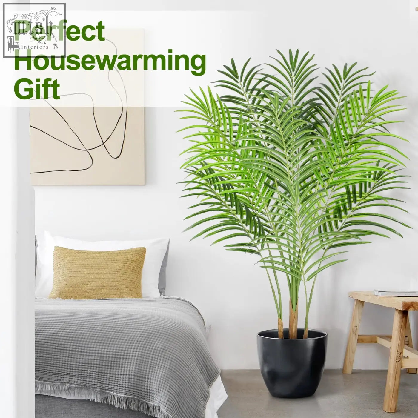 Keeplush artificial palm tree 120cm tall with vibrant green fronds sleek black pot and real bark design for indoor decor