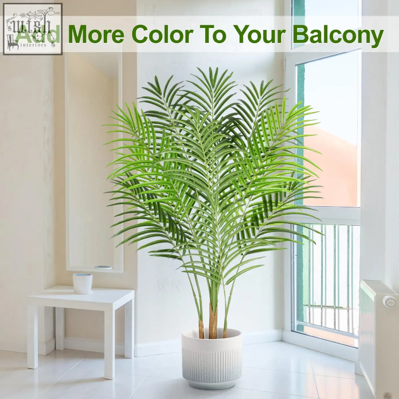 Lush green artificial palm tree with 13 trunks in a textured white ceramic pot indoor palm tree decor