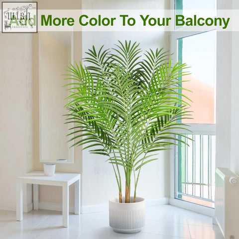 Lush green artificial palm tree with 13 trunks in a textured white ceramic pot indoor palm tree decor