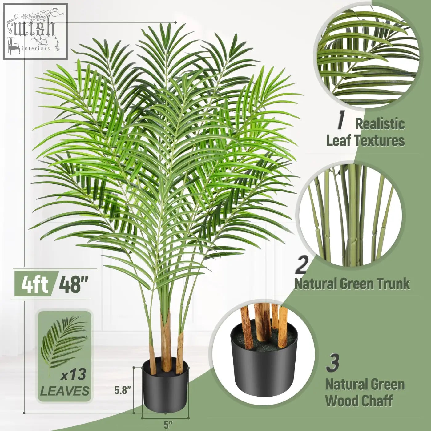 Keeplush artificial palm tree 4ft tall with vibrant green leaves and natural trunk in black pot filled with wood chaff