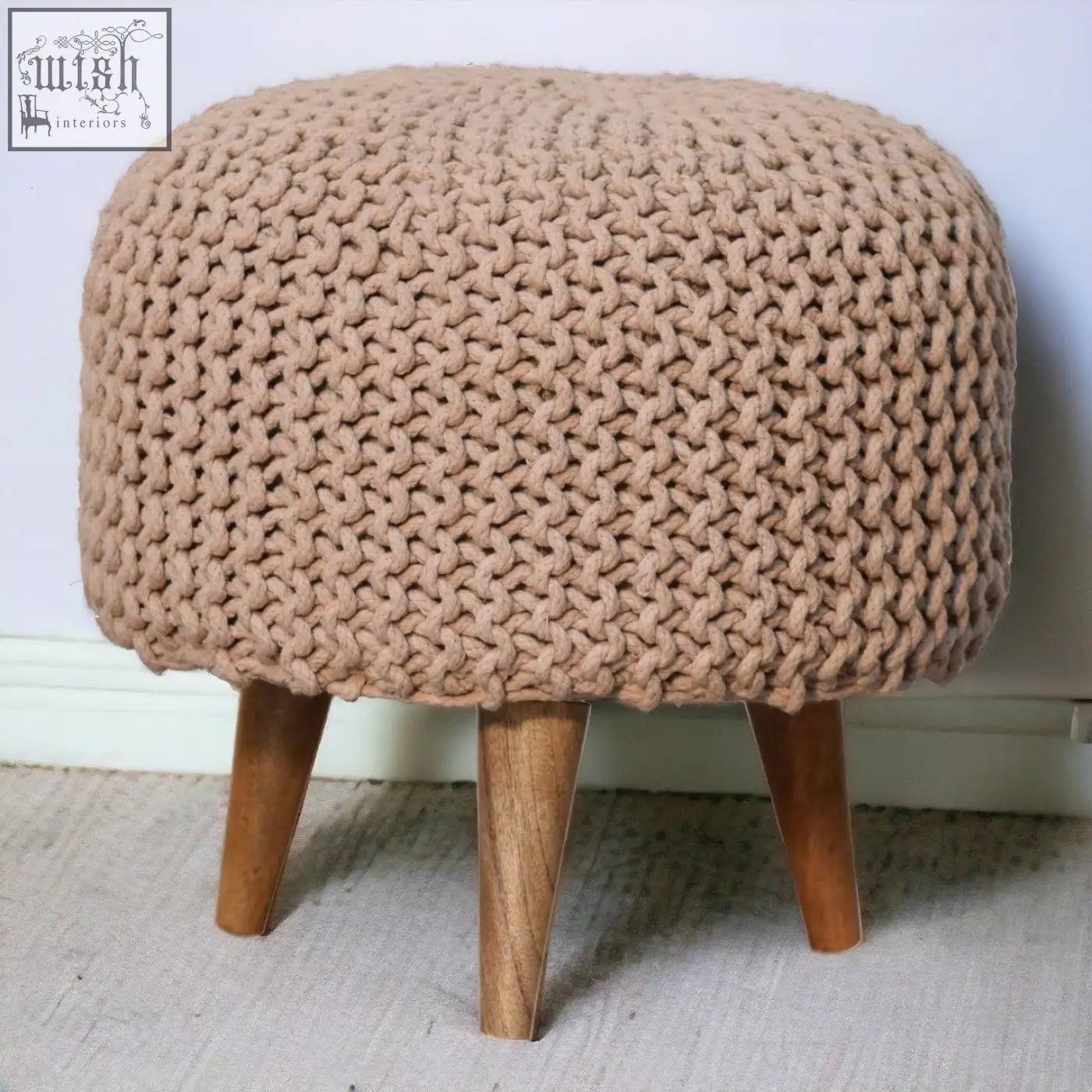 Beige fabric chunky knit keeva beige round footstool with wooden legs perfect as a cozy ottoman
