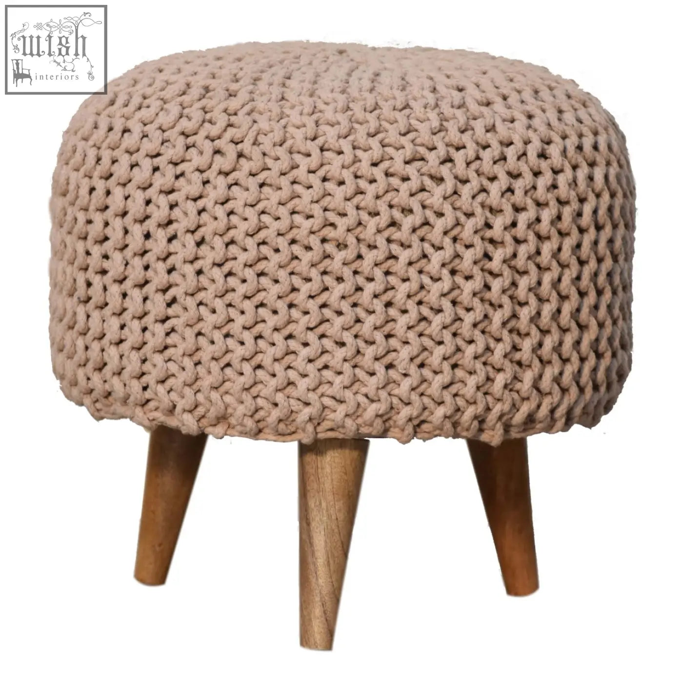 Keeva beige round footstool in beige fabric with knitted texture and wooden legs perfect for cozy seating