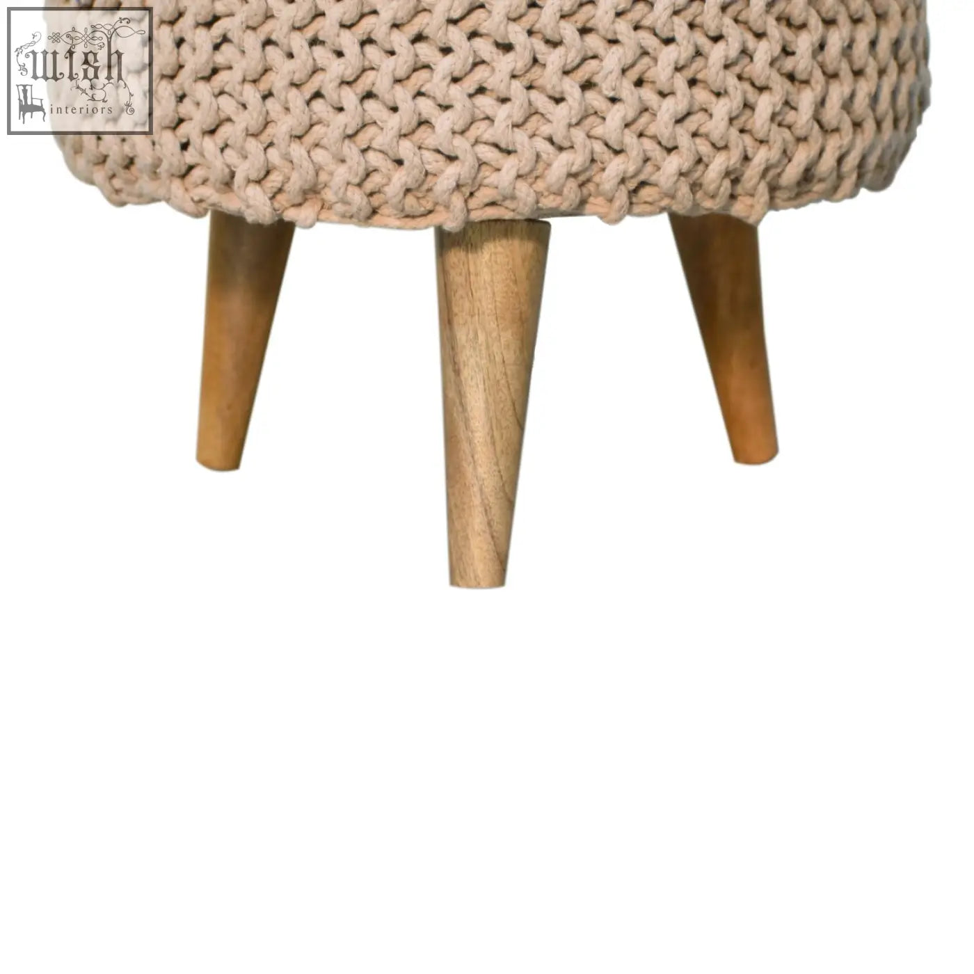 Beige fabric keeva beige round footstool knitted ottoman with wooden legs perfect for living room seating