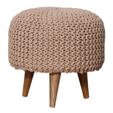 Beige fabric keeva beige round footstool knitted ottoman with wooden legs perfect for living room seating