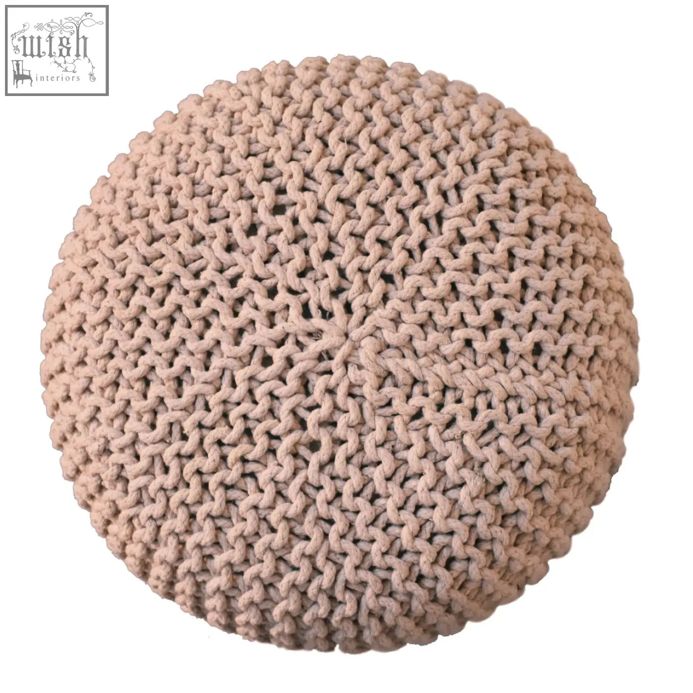 Beige fabric keeva beige round footstool with a textured knitted interlocking stitch pattern for cozy seating