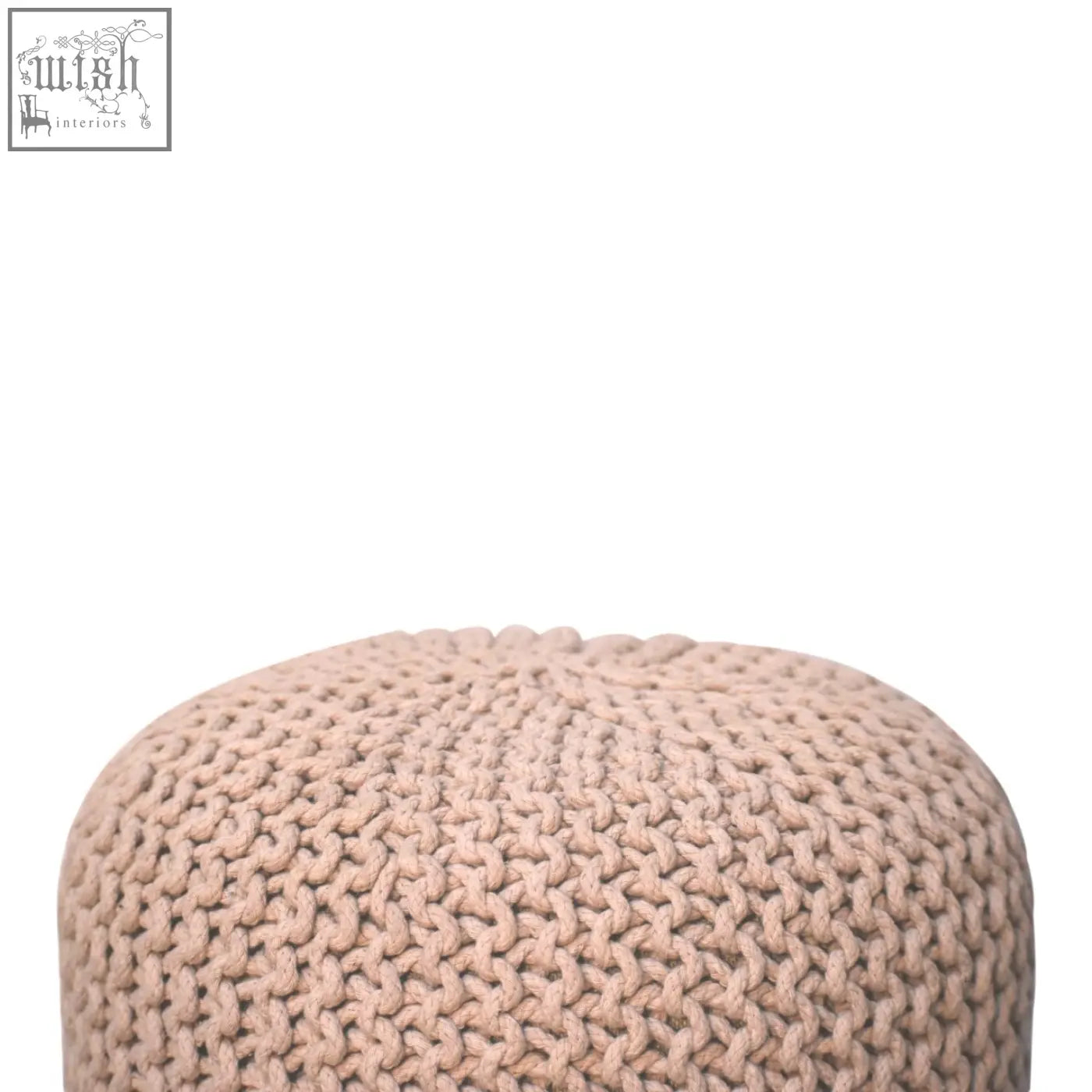 Beige fabric keeva beige round footstool with chunky knit texture perfect as a cozy knitted pouf seat