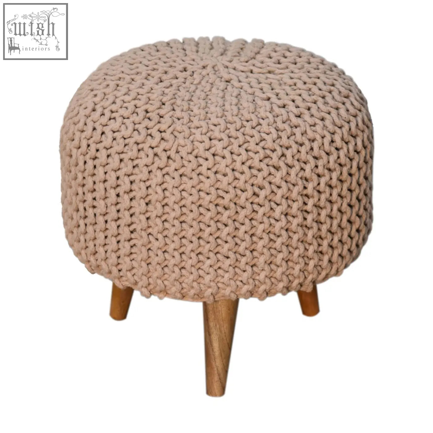 Keeva beige round footstool with beige fabric knitted pouf and wooden legs for cozy living spaces