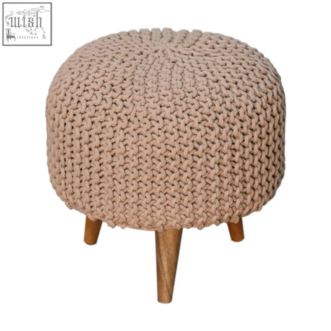 Keeva beige round footstool with beige fabric knitted pouf and wooden legs for cozy living spaces