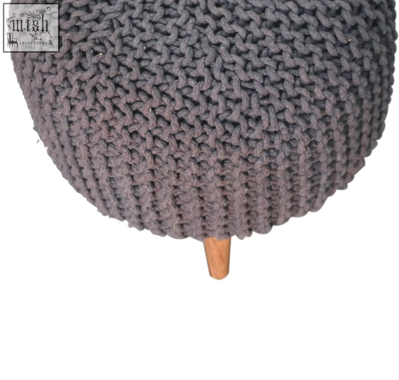 Keeva grey round footstool in dark gray chunky knit with solid mango wood legs perfect for comfy seating