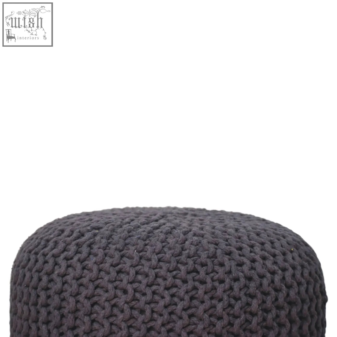 Dark grey knitted keeva grey round footstool with chunky texture and solid mango wood base for comfy seating