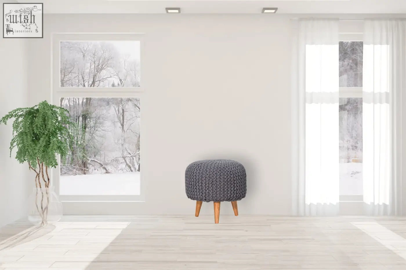 Keeva grey round footstool in grey knitted fabric with oak solid mango wood legs for stylish living spaces