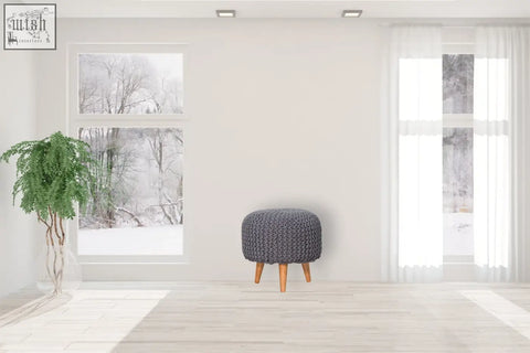 Keeva grey round footstool in grey knitted fabric with oak solid mango wood legs for stylish living spaces