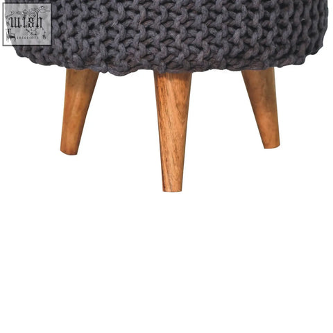 Keeva grey round footstool with gray knitted fabric and solid mango wood oak legs for cozy seating