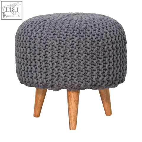 Keeva grey round knitted pouf footstool with wooden legs made from solid mango wood in grey round footstool design