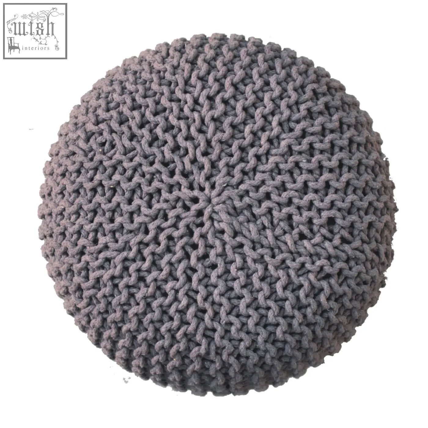 Keeva grey round knitted pouf footstool in grey with chunky knit and solid mango wood base for comfy seating