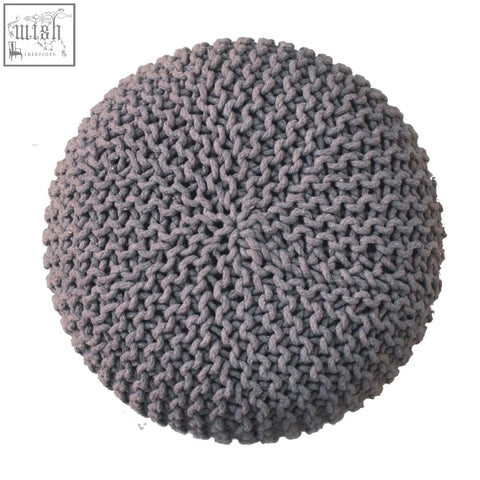 Keeva grey round knitted pouf footstool in grey with chunky knit and solid mango wood base for comfy seating