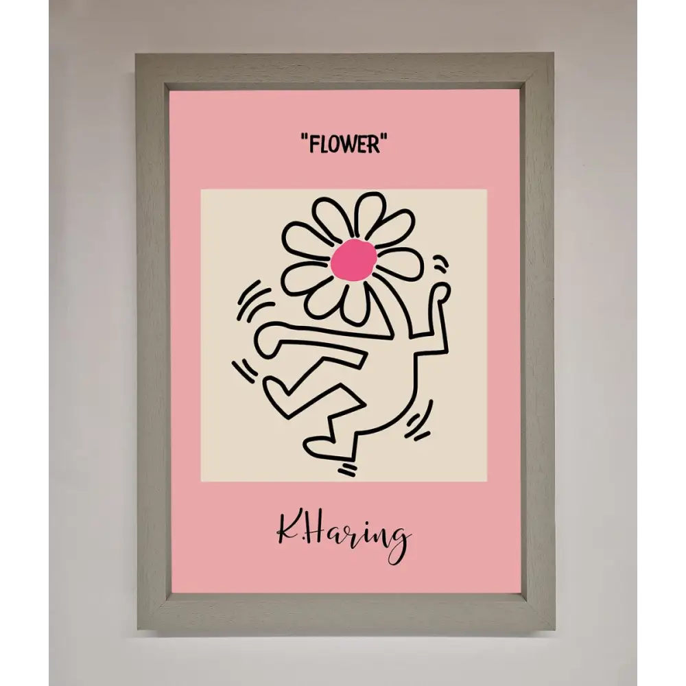 Keith Haring Flower Pink Framed Poster - A3 (29.7 x 42 cm) / Grey - Framed Print