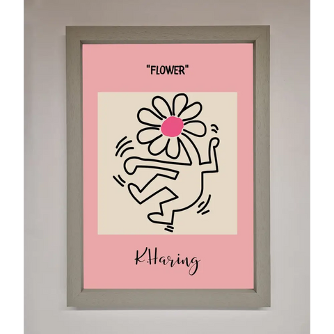 Keith Haring Flower Pink Framed Poster - A3 (29.7 x 42 cm) / Grey - Framed Print