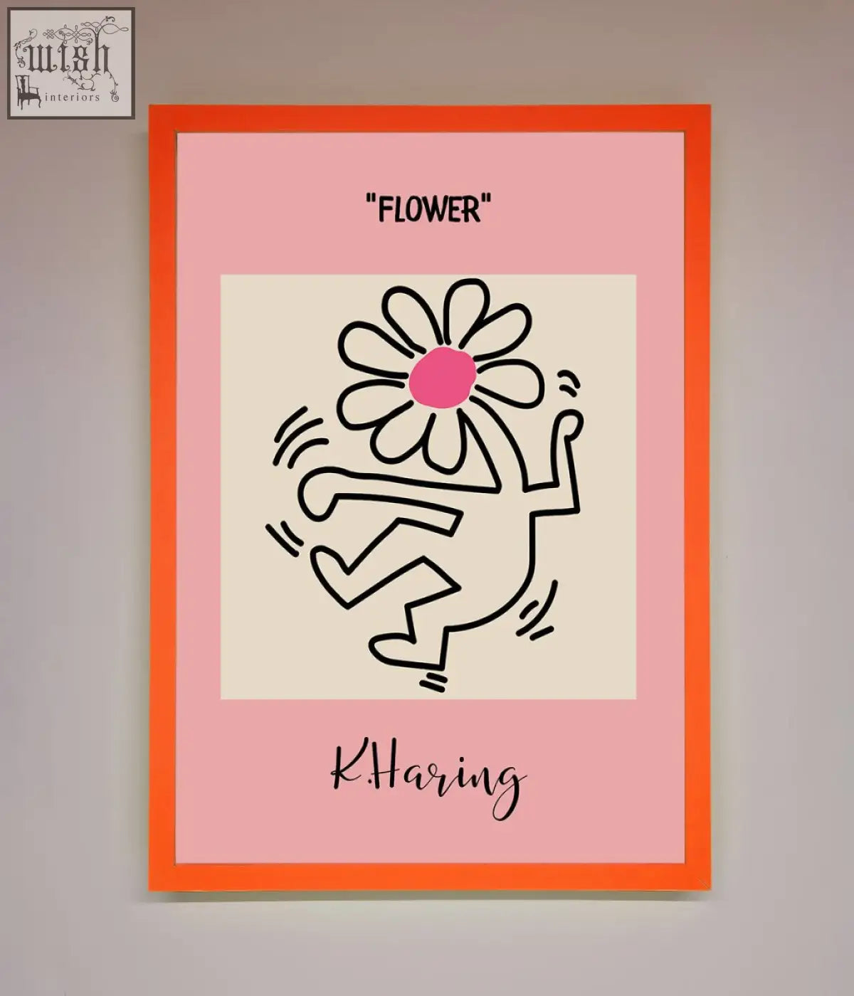 A vibrant orange-framed poster featuring a keith haring flower pink design with a black line dancing figure and title flower