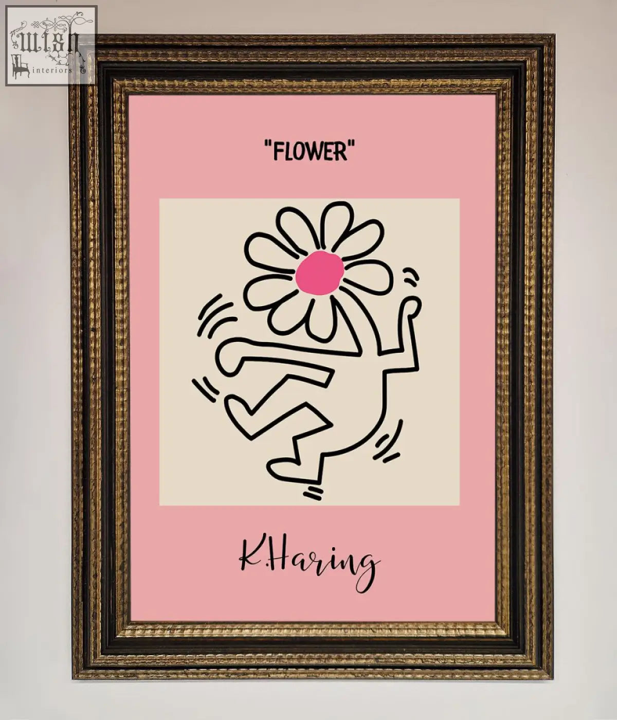 Pink framed poster featuring a keith haring flower black line drawing with a pink center signed by k.haring