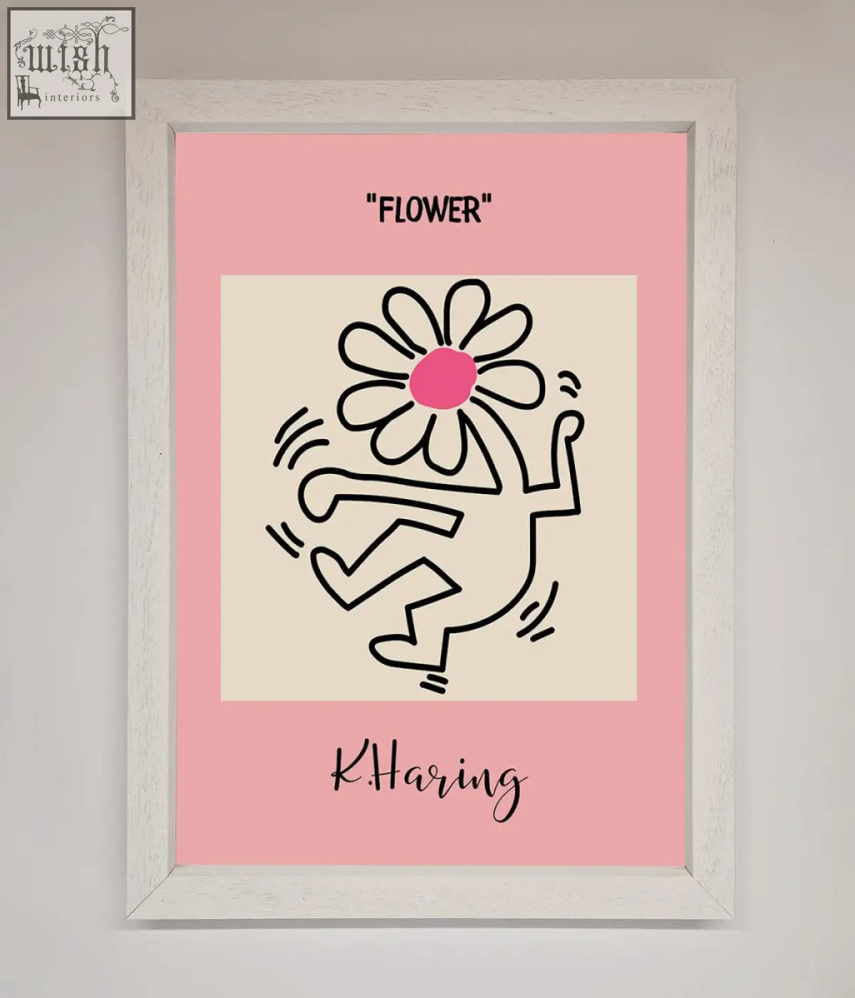 Framed poster of a keith haring flower pink design with a black line dancer and pink flower on soft pink background signed k