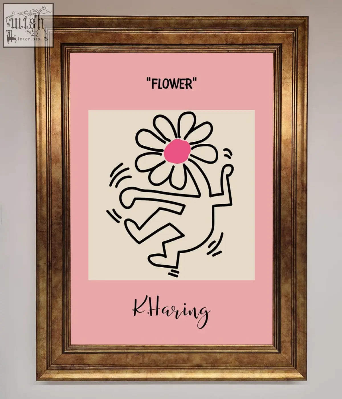 Pink and cream framed poster with keith haring flower stylized black line drawing and pink center flower signature