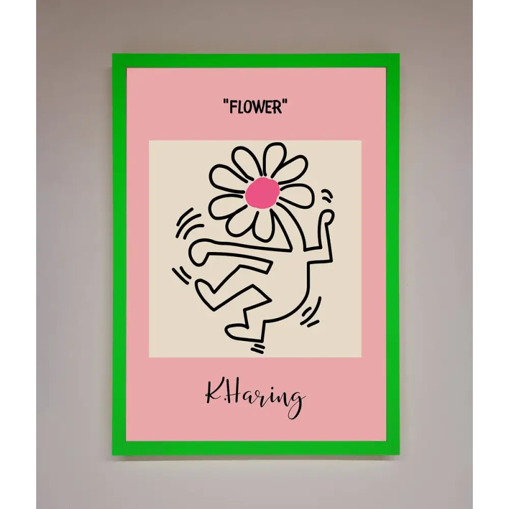 Keith Haring Flower Pink Framed Poster - B0 (100 x 141 cm) / Neon Dark Green - Framed Print